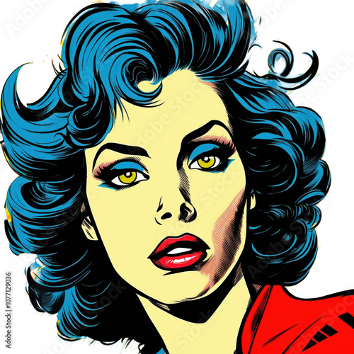 Close-up of a woman with bright blue hair in a comic book style.