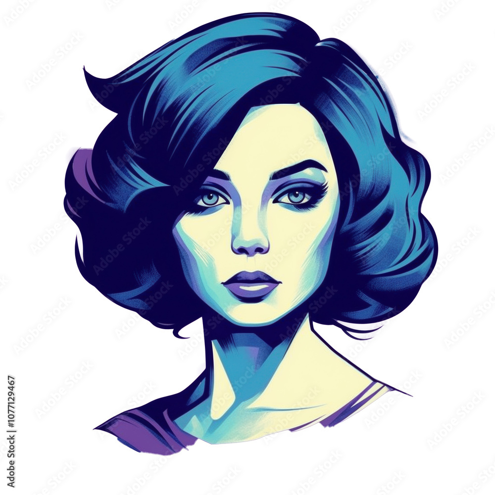 A woman with blue hair and blue eyes stares intensely at the camera, creating a bold and mysterious portrait. A woman with blue hair and blue eyes stares intensely at the camera, creating a bold and mysterious portrait.
