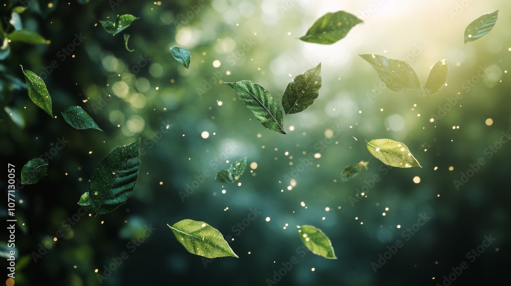 Fototapeta premium Floating green leaves captured in mid air against a dark background in a serene natural setting