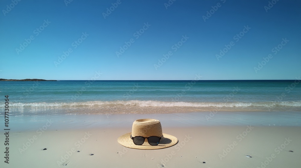 Obraz premium A sun hat and sunglasses resting on warm sand at a beach during a sunny day by the ocean