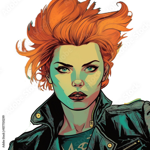 A woman with fiery red hair, wearing a leather jacket, stares intently at the camera with a fierce expression.