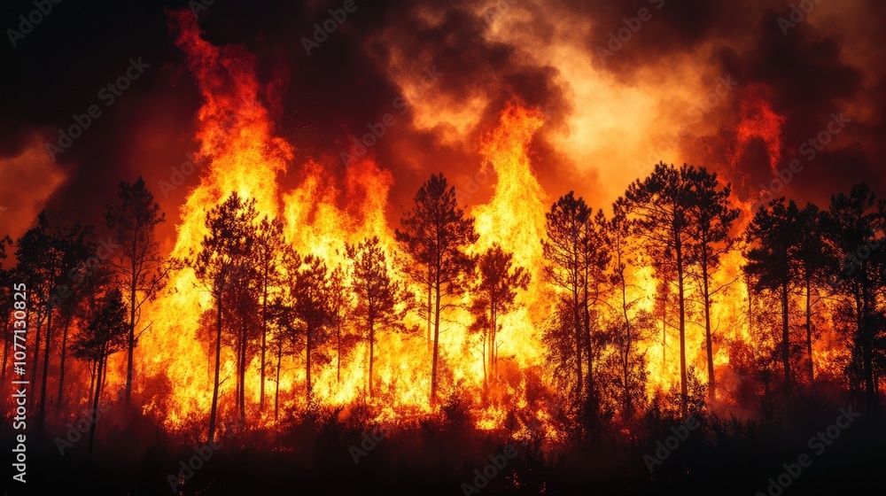 Intense Forest Fire Engulfing Trees with Dramatic Flames and Smoke Against a Dark Sky, Capturing the Power of Nature's Destruction in a Wildfire Scene Intense Forest Fire Engulfing Trees with Dramatic Flames and Smoke Against a Dark Sky, Capturing the Power of Nature's Destruction in a Wildfire Scene