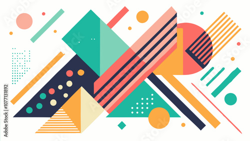 Geometric shapes in various colors and sizes are overlapping and intersecting, creating a dynamic and visually appealing abstract background design, suitable for modern and creative projects