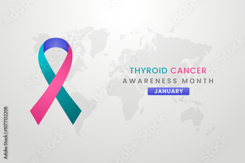 Thyroid cancer awareness illustration on white background with teal, pink and blue color ribbon.