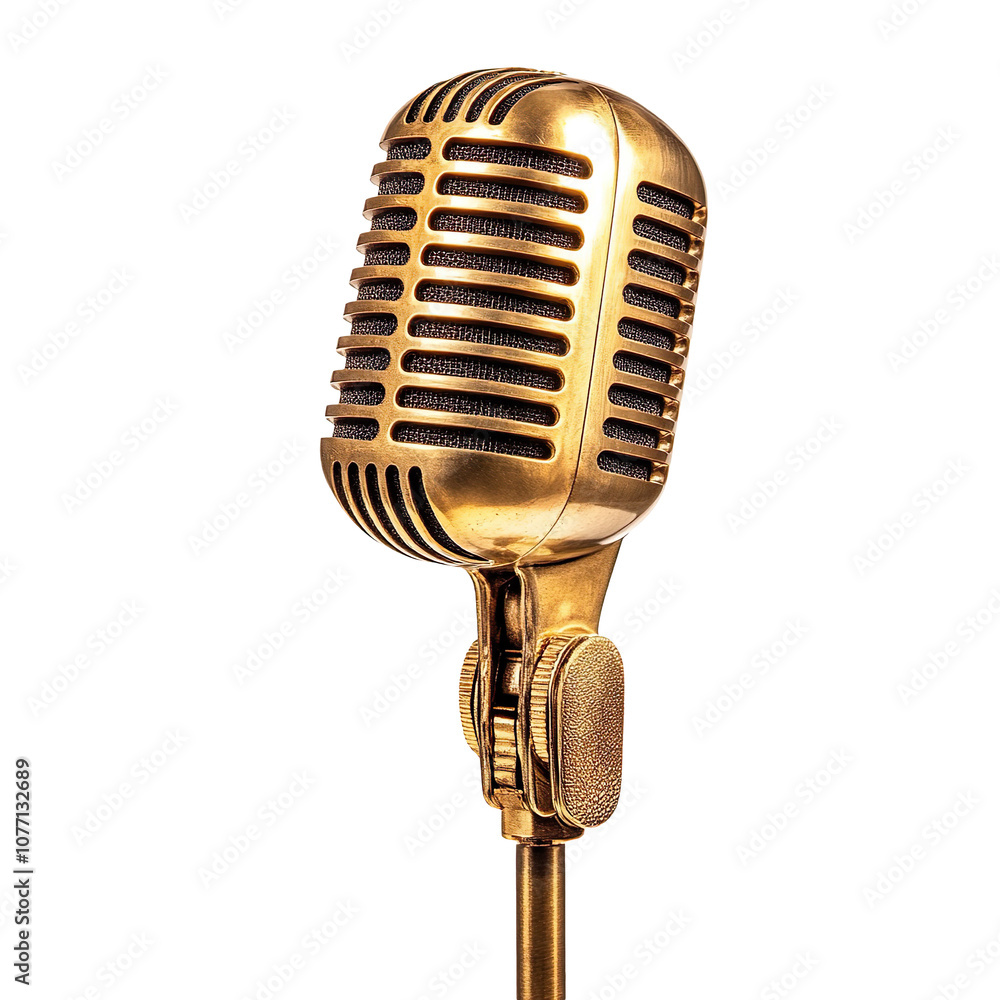 Fototapeta premium Retro golden microphone isolated on transparent background