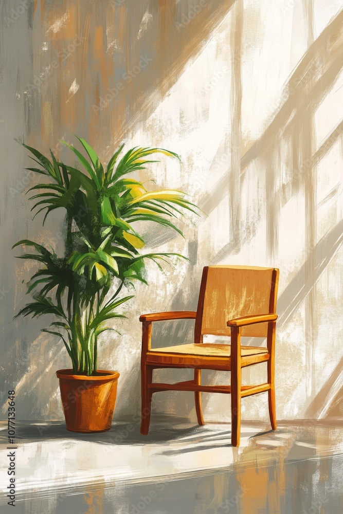 Fototapeta premium A cozy orange armchair beside a lush plant against a sunlit wall in a modern interior space