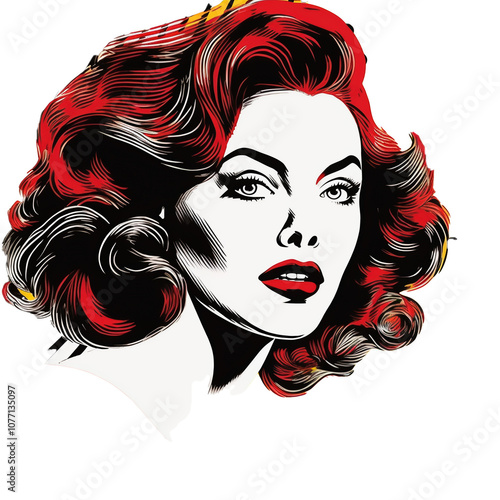 A woman with red hair and bold makeup stares intensely at the viewer in this stylized portrait.