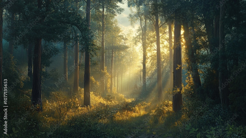 Obraz premium Capture a serene forest scene at sunrise, with light filtering through the trees.