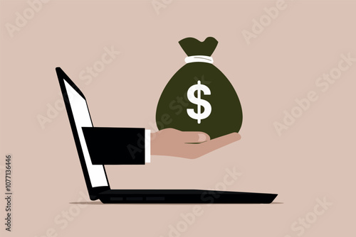 Businessman's hand coming out of a laptop screen holding bag of money.