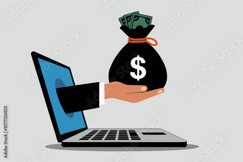 Businessman's hand coming out of a laptop screen holding bag of money.