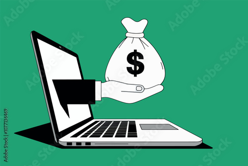 Businessman's hand coming out of a laptop screen holding bag of money.