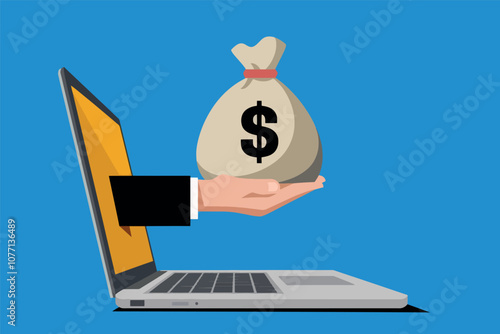 Businessman's hand coming out of a laptop screen holding bag of money.