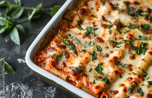 Vegetarian baked ziti. Pasta with marinara sauce, tomatoes, herbs and ricotta on a plate.