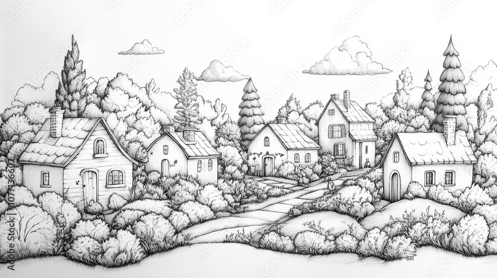 Naklejka premium Intricate Line Drawing of a Whimsical Town - town illustration