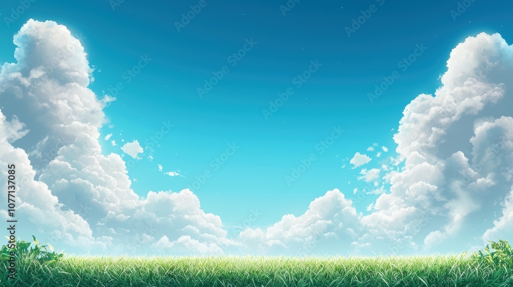 Fototapeta premium A bright blue sky dotted with fluffy, white cumulus clouds, casting soft shadows on the landscape below, conveying a sense of peace and tranquility.