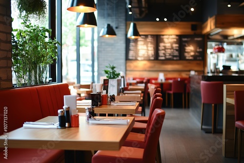 Cozy restaurant interior with red seats and warm lighting