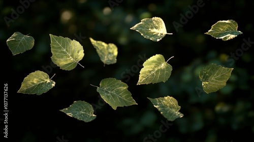 Floating green leaves captured in mid air against a dark background in a serene natural setting photo