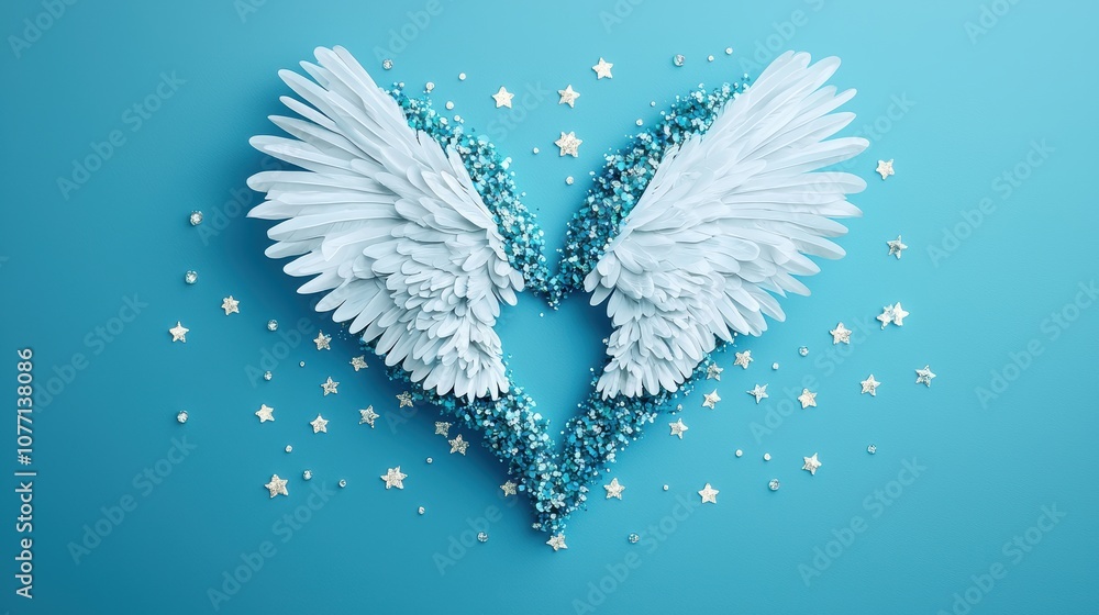 Fototapeta premium A delicate heart with ethereal wings, adorned with shimmering jewels and surrounded by glowing stars, evoking a sense of magic, dreams, and spiritual love.