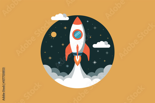 Vector illustration of rocket taking off on a background.