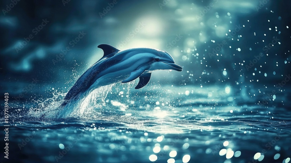 Obraz premium Graceful Dolphin Leaping from the Ocean in a Gleaming Spray of Water Amidst a Dreamy Blue Background and Radiant Light Reflections