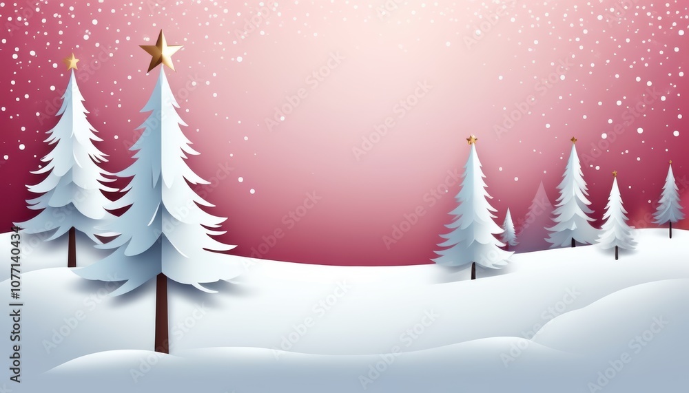 Obraz premium Ein winterliches minimalistisches Design mit Tannenbäumen, Schnee und mit Textfreiraum – perfekt für eine Weihnachtskarte. Transendent Pink, Rosa. Generative KI.