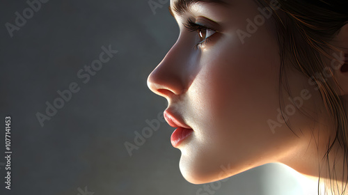 A side profile portrait emphasizing the natural angles of the face, with smooth contrast and subtle shadows that bring out the depth and sharpness in a serene background  photo