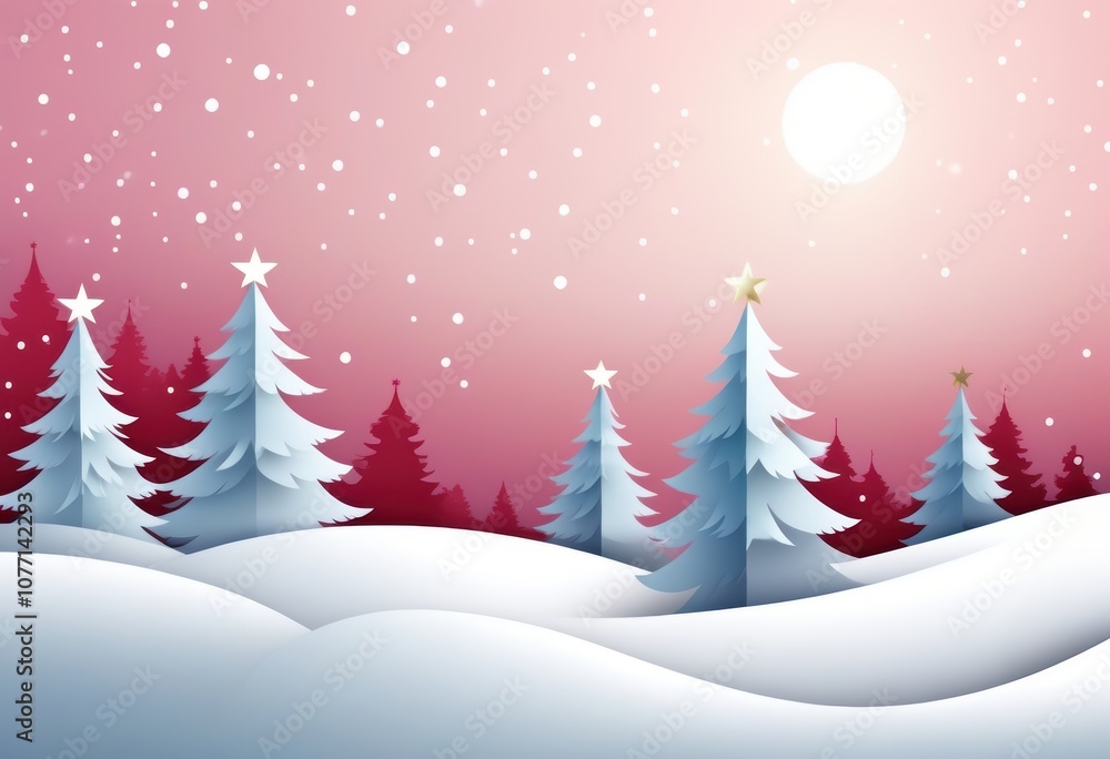 Fototapeta premium Ein winterliches minimalistisches Design mit Tannenbäumen, Schnee und mit Textfreiraum – perfekt für eine Weihnachtskarte. Transendent Pink, Rosa. Generative KI.