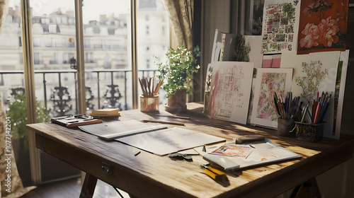 A wooden desk with art supplies, papers and an open notebook in a sunny artist's studio overlooking a cityscape.