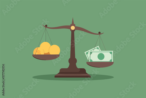 Vector illustration of scale with coins and money bills on green background.