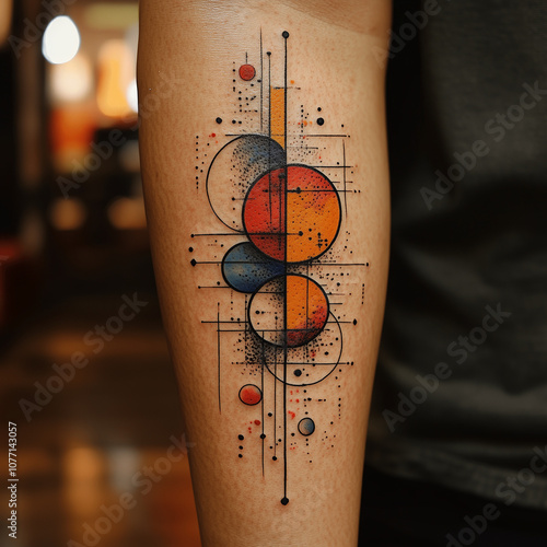 An abstract forearm tattoo featuring geometric shapes in the form of circles, lines and dots. The main colors of the design are orange, blue and black, creating a harmonious contrast.