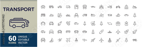 Transport icon set. Related to station, bike, airport, transportation, air, helicopter and more. Thin outline icons pack. Vector illustration in modern line style.