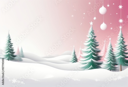 Ein winterliches minimalistisches  Design mit Tannenbäumen, Schnee und  mit Textfreiraum – perfekt für eine Weihnachtskarte. Transendent Pink, Rosa. Generative KI. photo