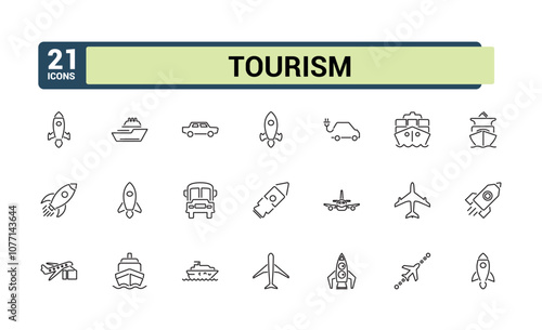 Transport icon set. Related to station, bike, airport, transportation, air, helicopter and more. Thin outline icons pack. Vector illustration in modern line style.