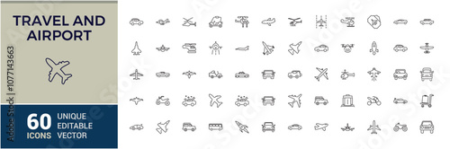 Travel and Airport icons in linear style. Related to bag, departure, fly, air, flight, vacation and more. Outline icon collections. Vector illustration.