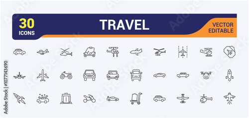 Travel and Airport icons in linear style. Related to bag, departure, fly, air, flight, vacation and more. Outline icon collections. Vector illustration.