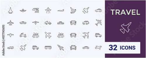 Travel and Airport icons in linear style. Related to bag, departure, fly, air, flight, vacation and more. Outline icon collections. Vector illustration.