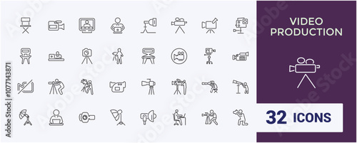 Video Production icon collection. Contains related to video, web, content, digital, picture, entertainment, television and more. Thin outline icons pack. Vector illustration in modern line style.