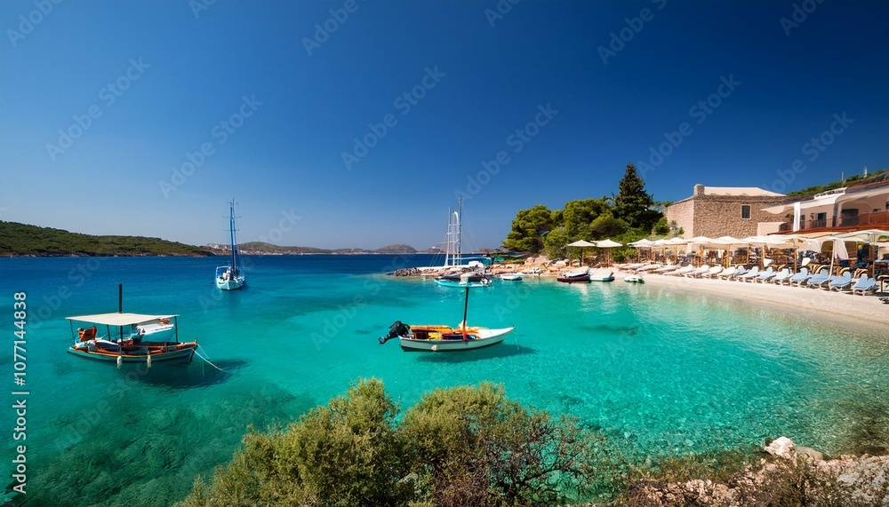 Fototapeta premium Seaside Escape: Turquoise Waters, Boats, and Cozy Greek Taverna Vibes