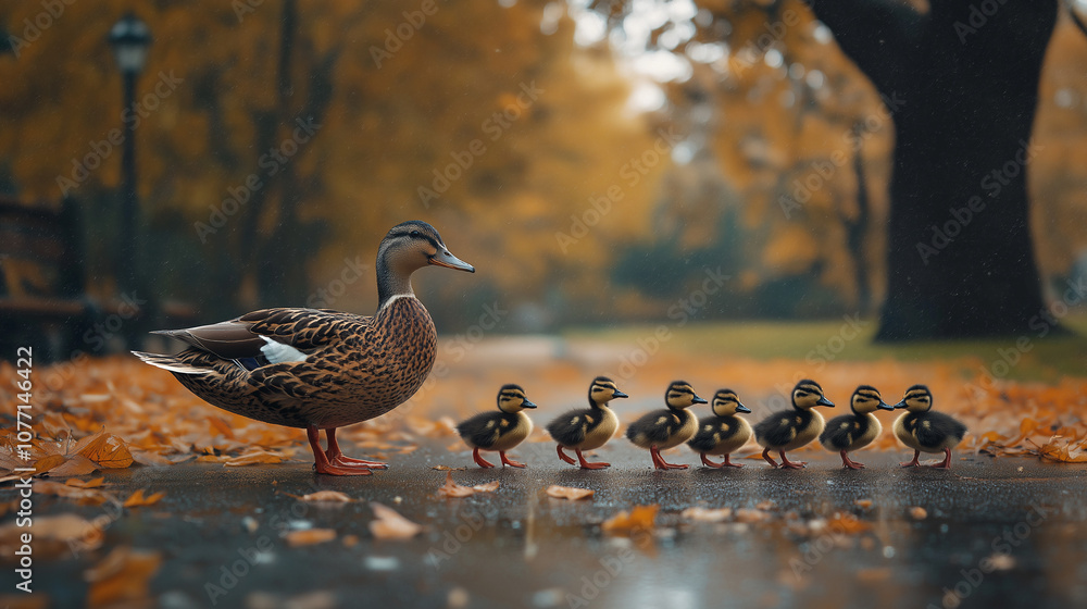 Fototapeta premium Entenfamilie auf einem regnerischen Weg im Herbst