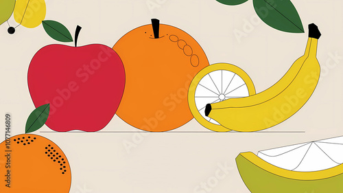 Minimalistic bright illustration of fruits. Food art