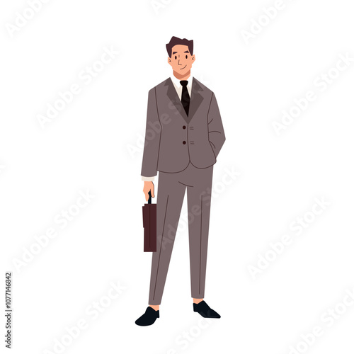 Young business man Standing. Cartoon male Character Wearing formal office outfit, man in business attire, holding a briefcase. Vector illustration Isolated on white Background