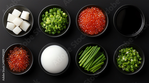 A set of ingredients, Wanko Soba soba noodles, grated daikon, green onion, dashi broth, wasabi, nori photo