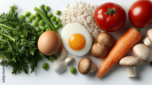 A set of ingredients, Zosui rice, dashi, egg, green onions, carrots, mushrooms photo