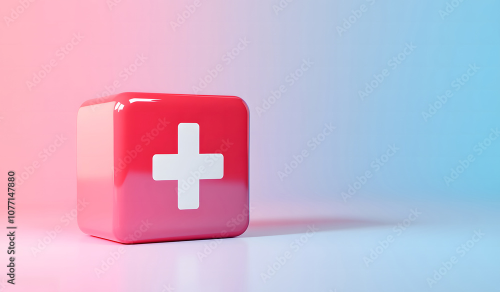 Fototapeta premium 3D Red Medical Cube with a White Cross on a Gradient Background