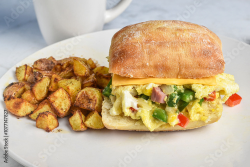 scramble egss with peppers,onions and ham photo