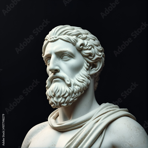 strong stoic greek or roman male statue with a semidark background photo