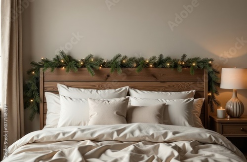 hyperrealistic 4k photo backdrop of rustic wooden headboard festively decorated for christmas photo