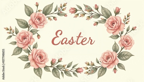 Elegant Easter greeting with pink roses and delicate flowers surrounding the word 