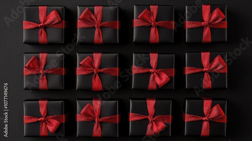 A top view black Christmas boxes adorned with red ribbons on a black background, providing space for text, ideal for Black Friday compositions.