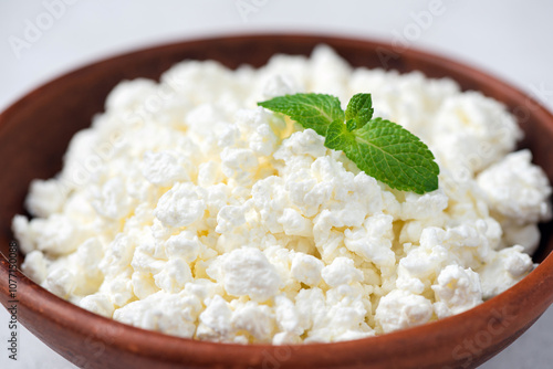 Cottage cheese in a bowl, closeup view. Curd cheese, ricotta